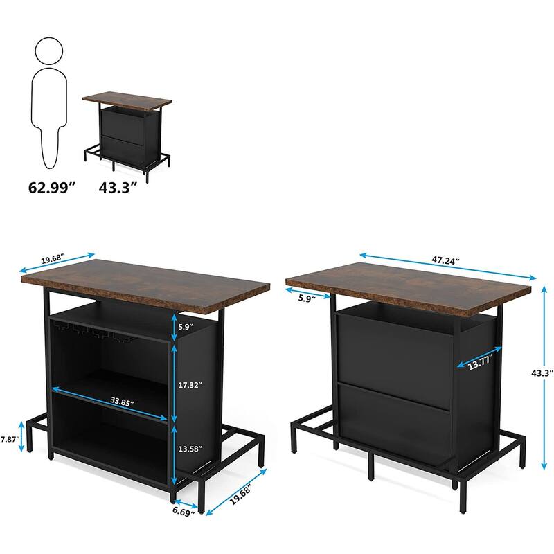 Home Bar Unit, Industrial 3-Tier Liquor Bar Table with Glasses Holder