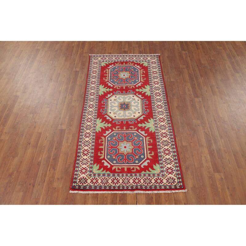 Geometric Red Kazak Oriental Runner Rug Hand-Knotted Wool Carpet - 3'4" x 6'7"