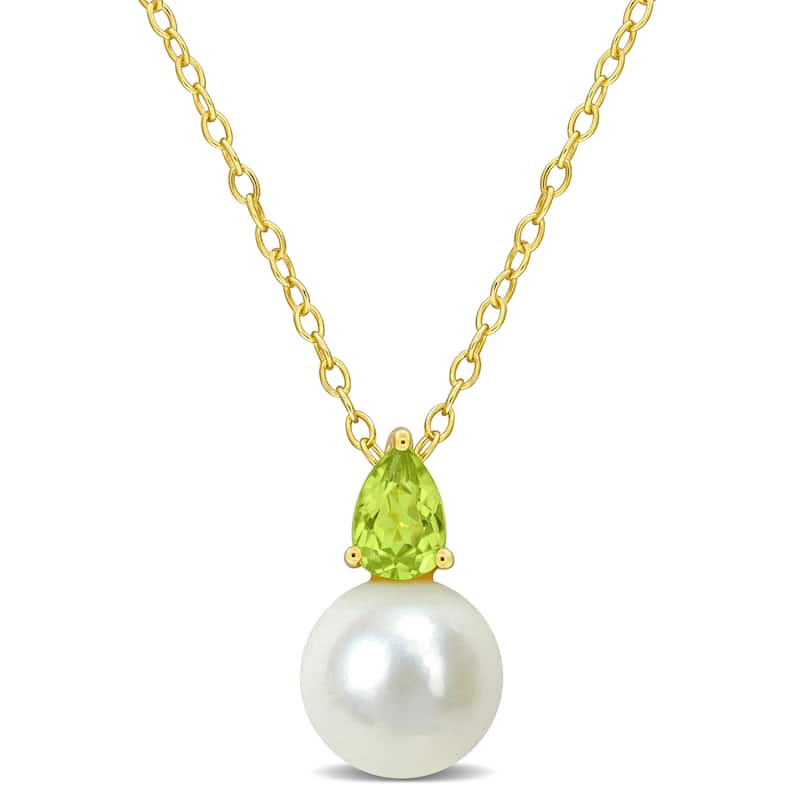 Miadora 2/5ct TGW Peridot and 8.5-9mm Cultured Freshwater Pearl Pendant with Chain Yellow Silver - 15.5 mm x 8.6 mm