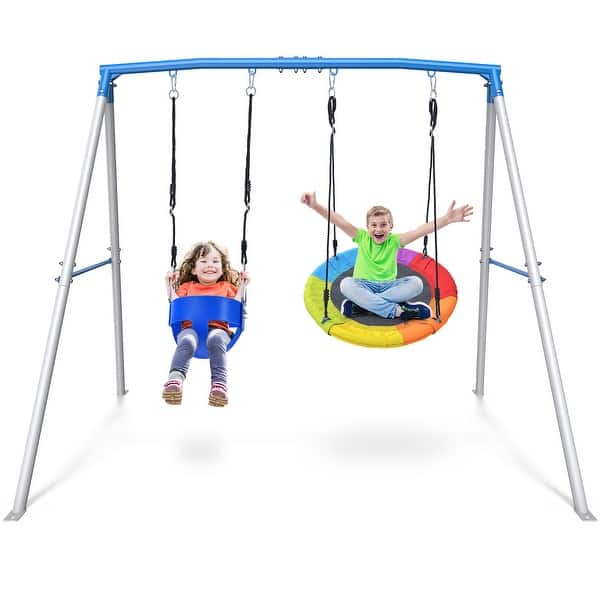 slide 2 of 9, 440lbs Heavy Duty A-Frame Metal Swing Sets for Backyard with 1 Saucer Swing and 1 Toddler Swing