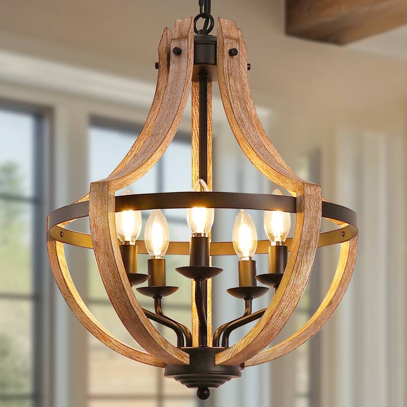 YANSUN 5-Light Anchor-Shaped Geometric Chandelier, E12 Sockets, Dark Wood and Matte Black Metal for Rustic Lighting