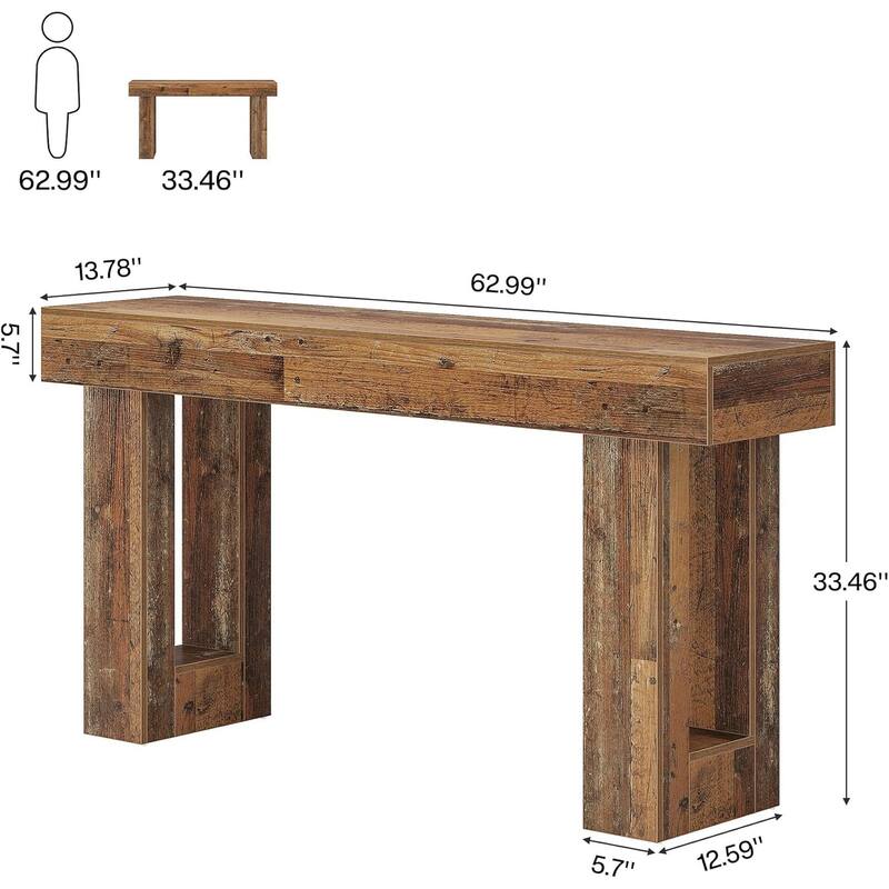 63" Extra Long Farmhouse Console Table, Rustic Mix Brown