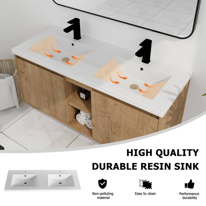 Wall-Mounted Bathroom Vanity with Double Resin Sink, Soft-Closing Doors, and Modern Design for Efficient Storage