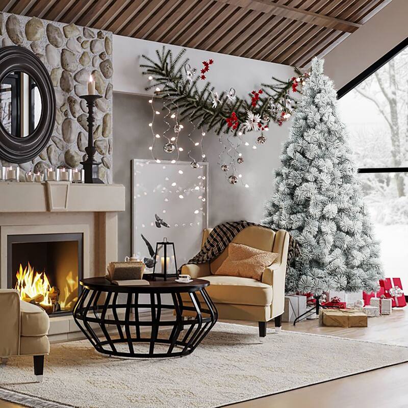 7.7Ft Full Artificial Snow-Flocked Christmas Tree - 92.5" H x 51.2" W x 51.2" D