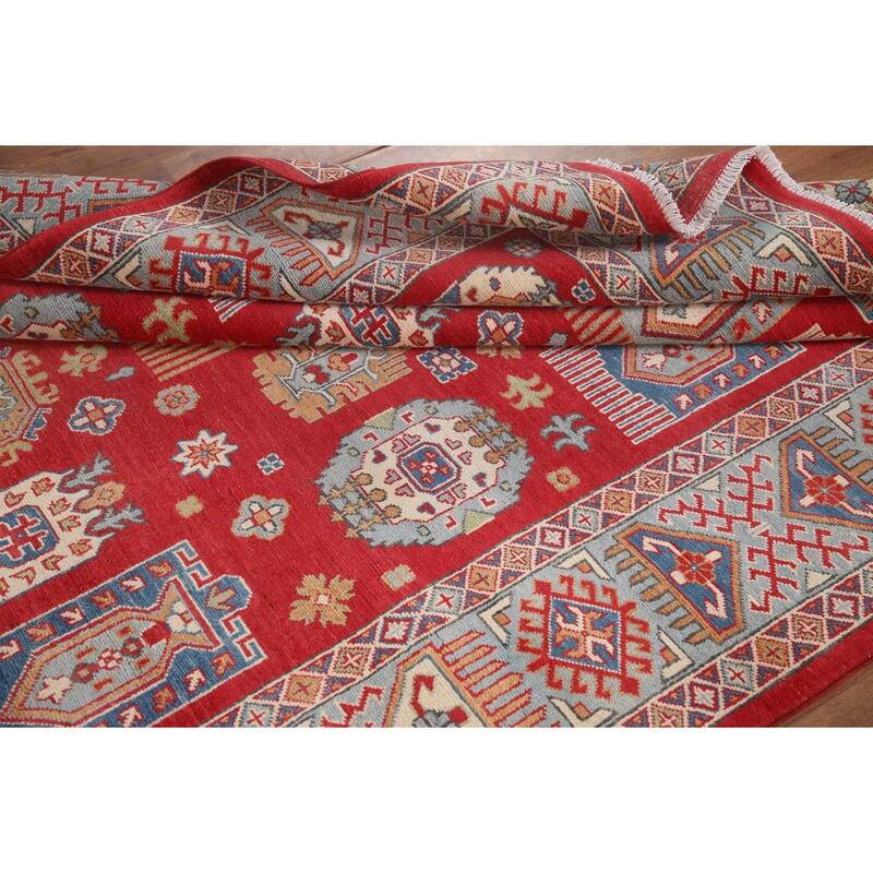 Hand Knotted Oriental 100% Wool Carpet Traditional Geometric Red Kazak Area Rug - 9' 8'' X 6' 4''
