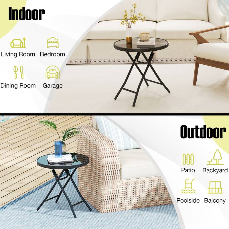 Gymax Round Folding Side Table 18 Inch Patio Coffee Table w/ Tempered