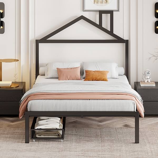 slide 2 of 51, Full House Bed with Metal Frame and Dual Storage Drawers Black