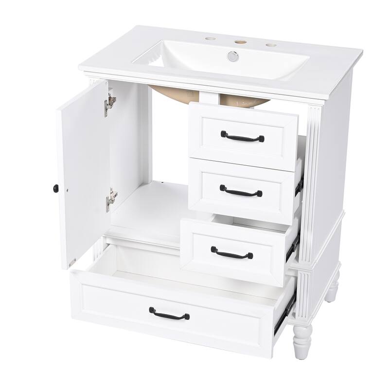 Roomfitters 30" Bathroom Vanity with Integrated Ceramic Sink, Solid Wood Frame and 3-Drawer Storage