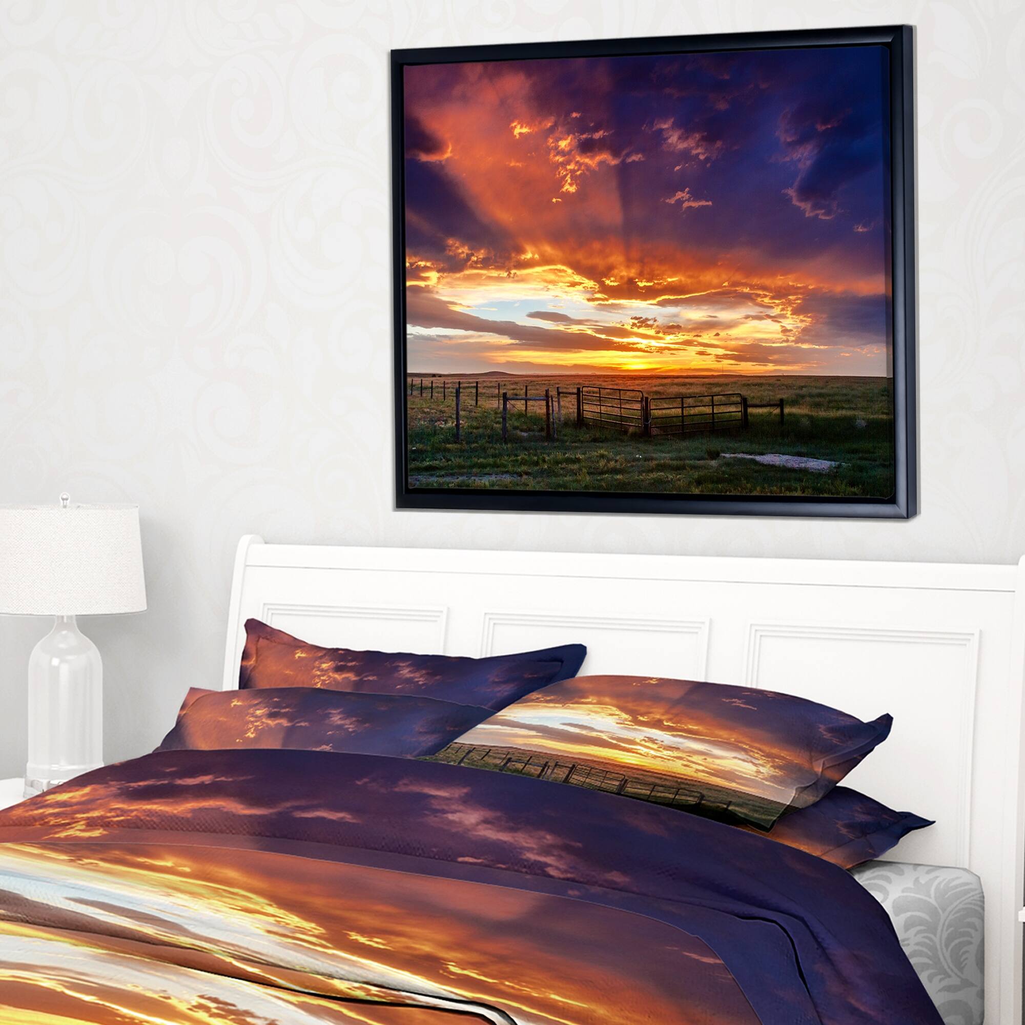 Designart "Dramatic Sunset over Prairie" Large Landscape Framed Canvas