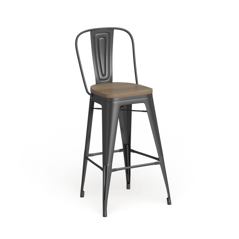 Industrial Modern Steel Bistro Bar Stool With Bamboo Seat in Black