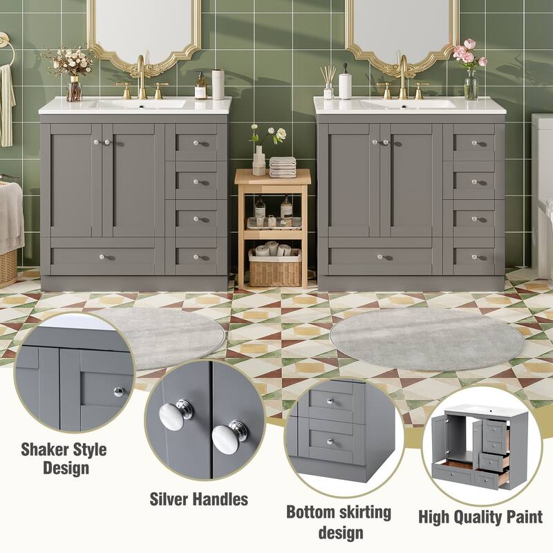 72 inch Shaker Style Free-Standing Bathroom Vanity Cabinet with Ceramic Sink, Soft-close