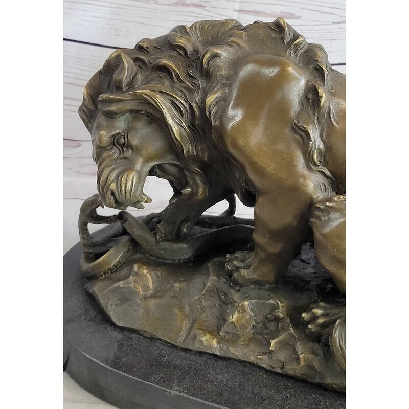 Lion Vs. Imitative Snake Bronze Sculpture Animal Sculpture A. Barye Figurine On Marble Base