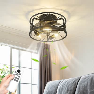 12 Inch Farmhouse Caged Ceiling Fan with Remote Control - Matte Black - 12 Inches