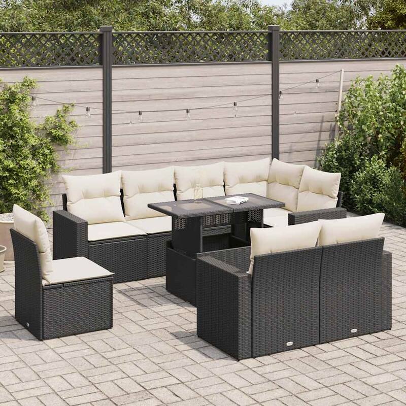 vidaXL Patio Sofa Set with Cushions Outdoor Furniture 9 Piece Poly Rattan - 21.7 x 39.4 x 28.7 - Black and Cream-with storage