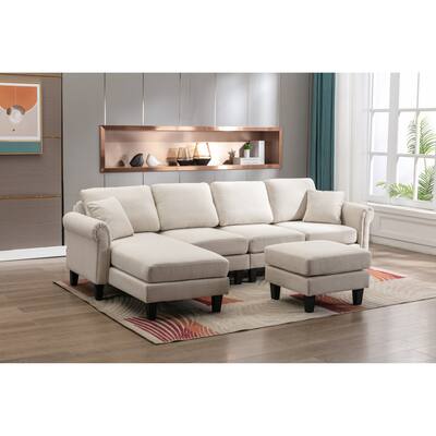 Velvet Upholstered L-Shaped Sectional Sofa With Ottoman