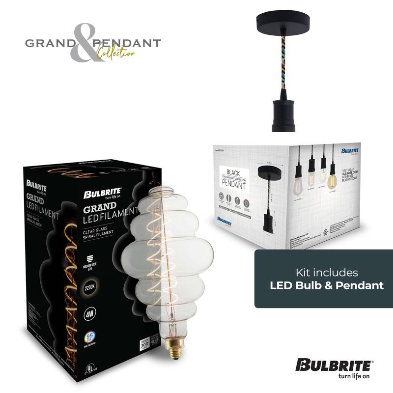 Bulbrite LED Grand Bulb and Pendant Kit of (1) 4 Watt Clear Glass 15" Beehive Shaped Bulb