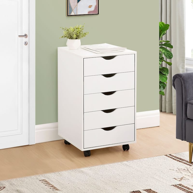 5 Drawers Chest, Wood Storage Dresser with Wheels, Craft Storage Organizer and Storage Drawer Office Drawer Unit - White