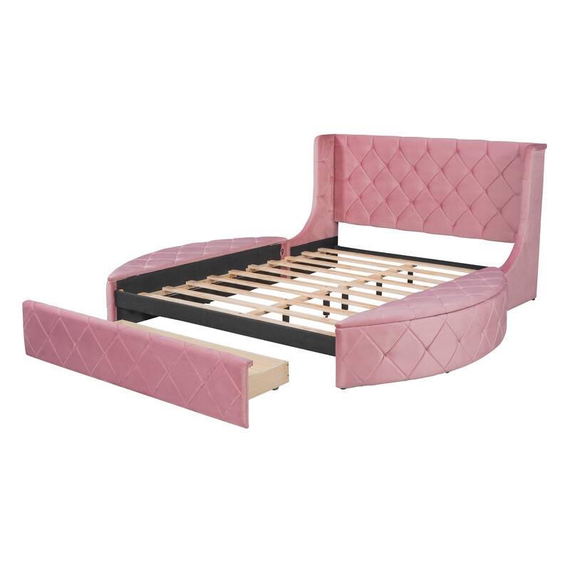 Queen Size Upholstered Platform Bed with Wingback Headboard, Storage Drawer, and Side Stools in Velvet