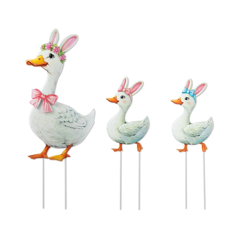 Glitzhome Set of 3 Easter Metal Duck Family Yard Stake Hanging Decor