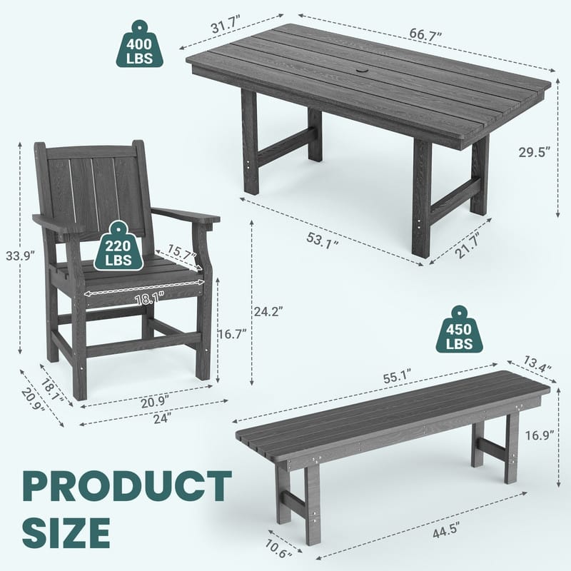 Gray 5/6-Piece HDPE Patio Dining Set with Rectangular Table & Bench