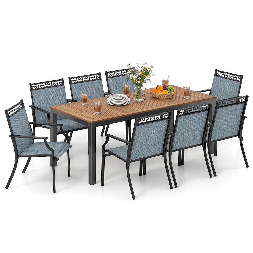 Gymax 9PCS Patio Dining Set for 8 w/Quick-Drying Fabric Sturdy Acacia