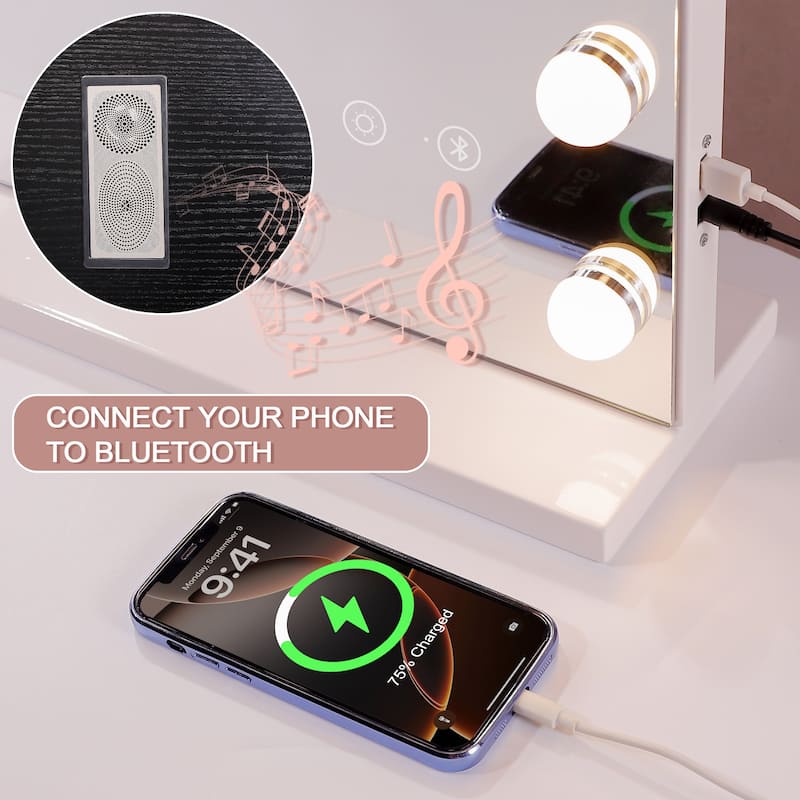 31.5"x22.8"Tempered Glass Large Mirror with 18 Dimmable Bulbs, Table/Hanging Mirror with Touch Screen & USB Charge Port