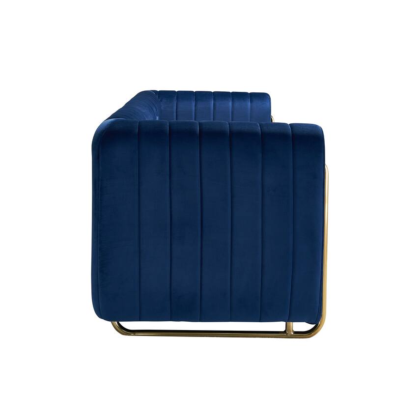 Velvet Sofa Couch 84.25" with Channel Tufting and Polished Gold Legs, Modern Living Room Style