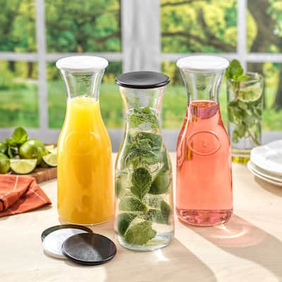 Hali Glass Carafe Bottle Pitcher with 6 Lids - 35 oz - Set of 3 - 3.5" x 3.5" x 10.87"