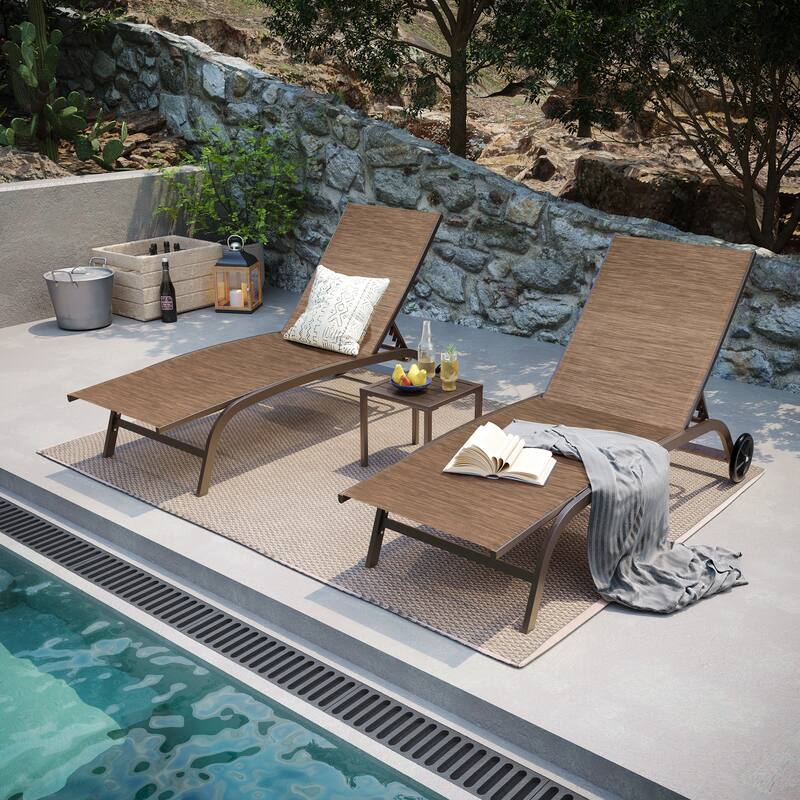 Pellebant Outdoor Patio Chaise Lounge Chairs Set with Side Table - Set of 3 - Brown