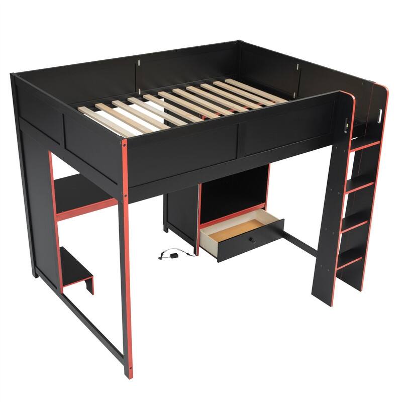 Solid Wood Gaming Loft Bed with Bulit-in Desk and Wardrobe, Twin/Full Size Loft Bedframe with LED Light and 1 Storage Drawer