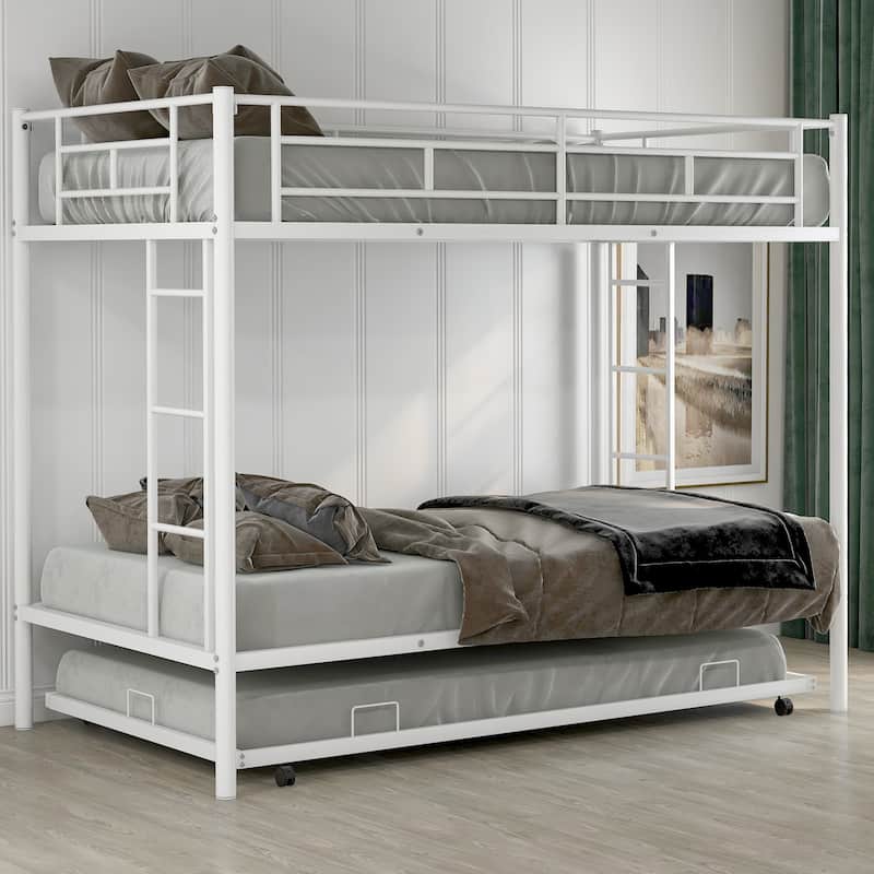 Twin over Twin Size Metal Bunk Bed with Trundle, Ladder and Fence for Bedroom