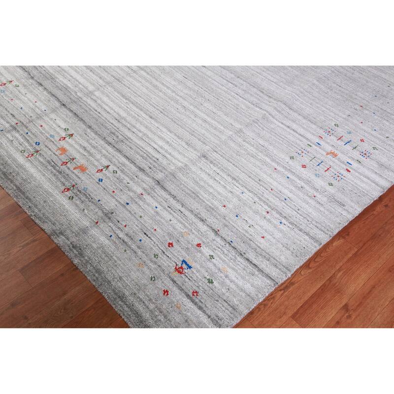 Silver Gray Tribal Gabbeh Indian Area Rug Handmade Wool Carpet - 7'11" x 9'10"