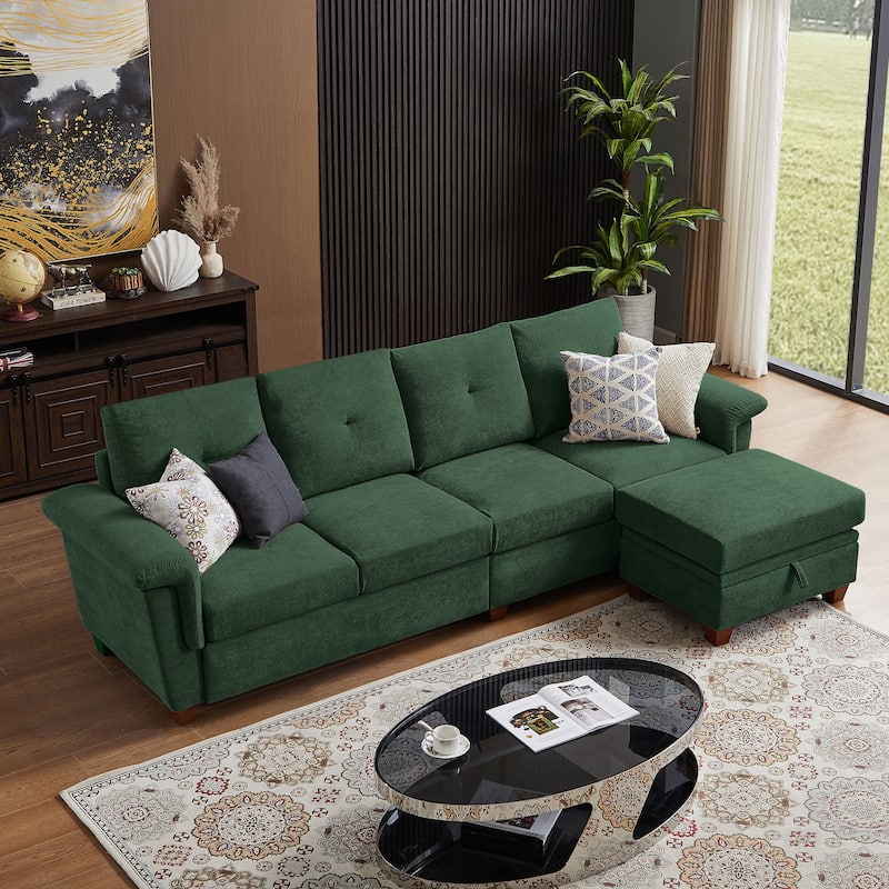 109" Modern 4 Seaters Towelling Sectional Sofa with Hidden Coffee Table Adjustable Headrest and Large Storage Space
