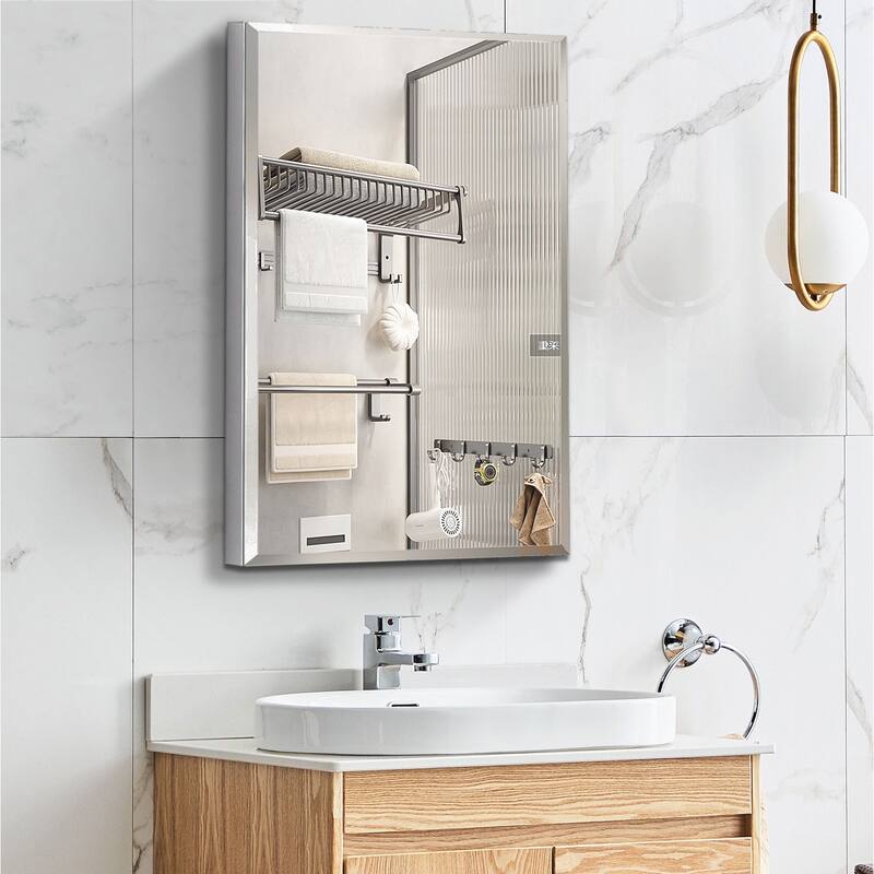Bathroom Medicine Cabinet with Invisible Handle, Soft-Closing Hinge, Adjustable Glass Shelves
