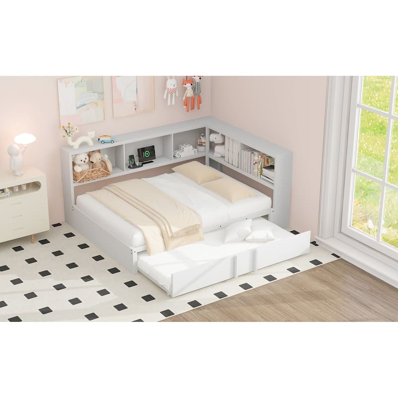 Metal Full Size Daybed with Storage Cabinets and USB Ports, L-Shaped Corner Platform Bed Frame with Pull-out Trundle Bed