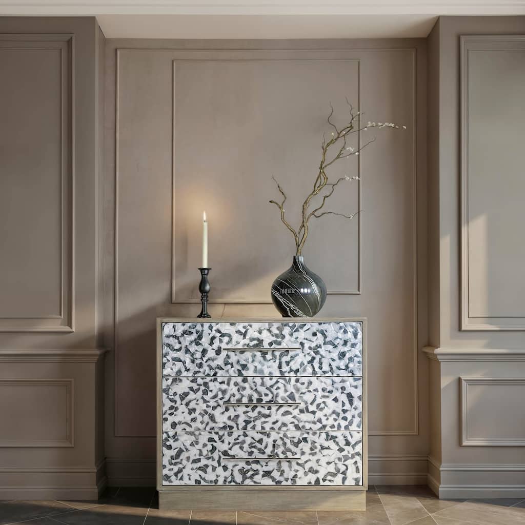 Maganda 32 in. W Rectangular Wood and Tortoise Capiz 3 Drawer Accent Chest