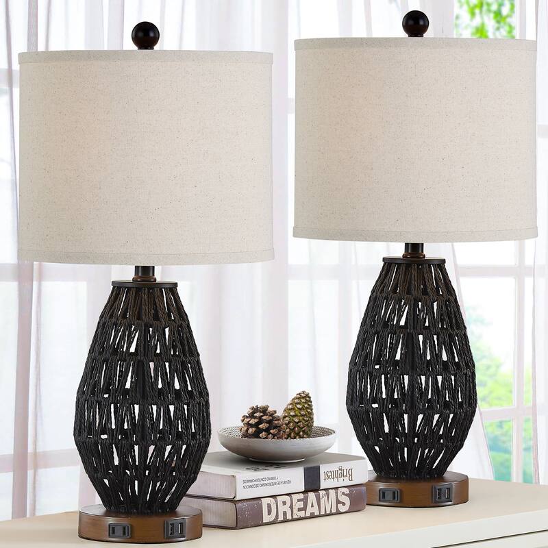 Cinkeda Table Lamp Black Rattan 3-Way Touch Dimmer USB Port(Set of 2) - 11'' x 11'' x 22.8'' (L x W x H)