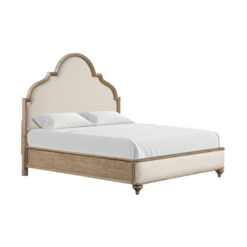 Lyla Queen Bed, Scalloped Ivory Upholstery, Rustic Oak Solid Wood