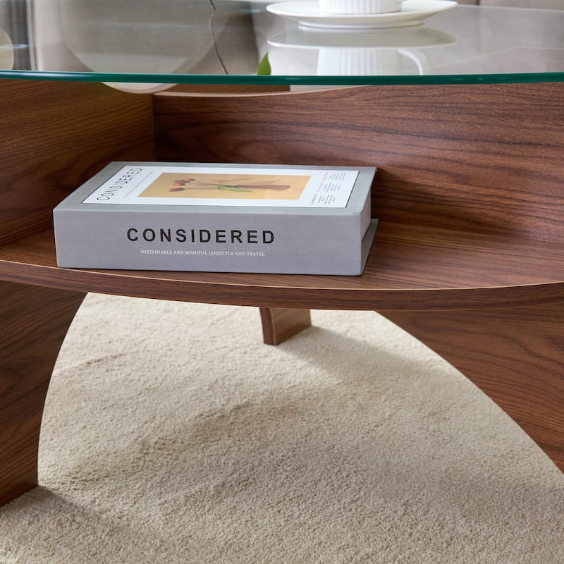 GDFStudio Elowen Tempered Glass Coffee Table with Wood Legs and Multi-Functional Design