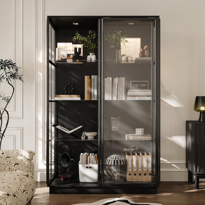Modern Glass Curio Display Cabinet 4 Tier Display Case With lights & Doors