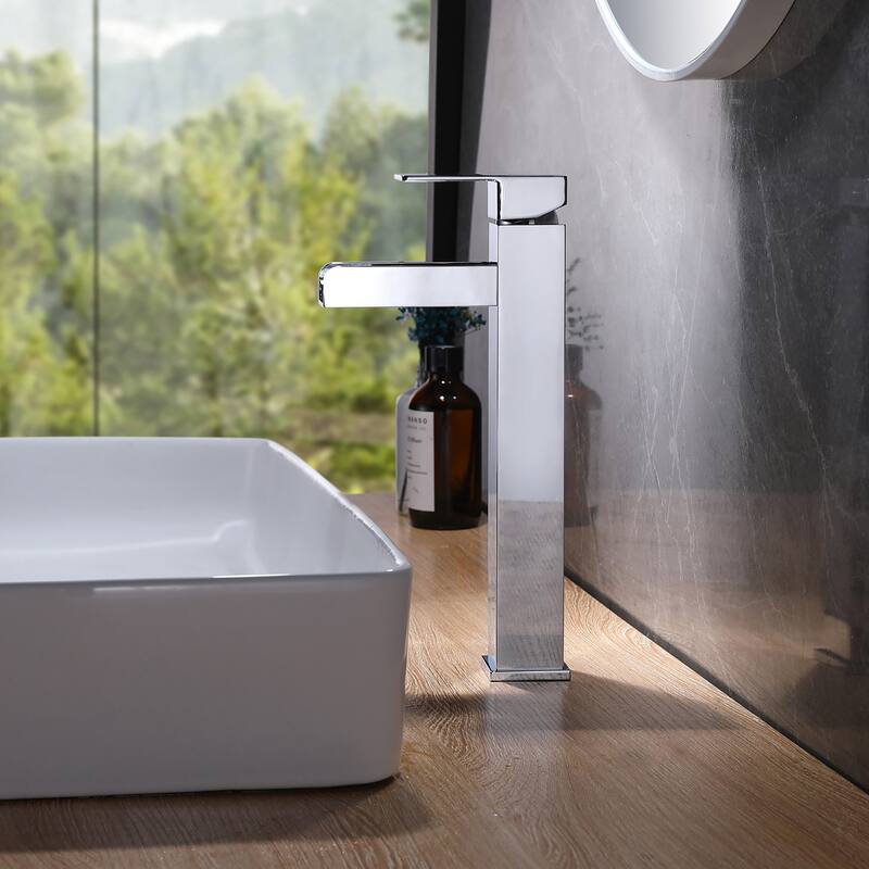 Single Handle Square Tall Waterfall Bathroom Sink Faucet