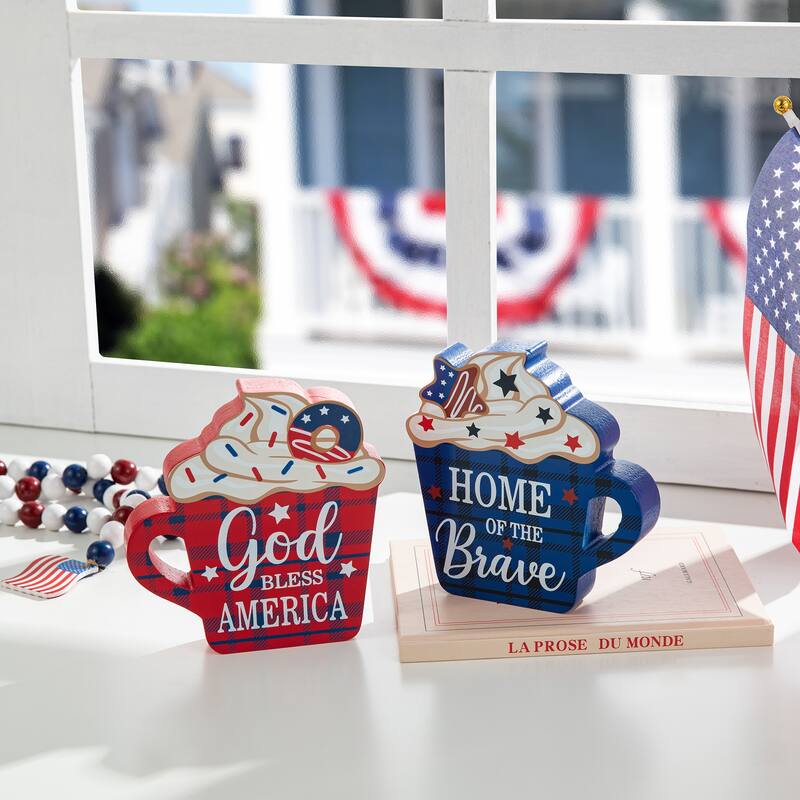 Glitzhome Set of 3 Wooden Patriotic Americana Table Signs Decor - offee Cup