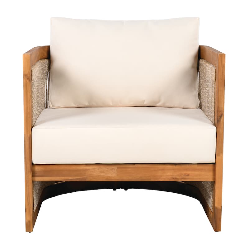 [Set of 2] Premium Acacia Wood Outdoor Club Chair, Curved Tub Design with Woven Rope Accents, Water-Resistant Cushions