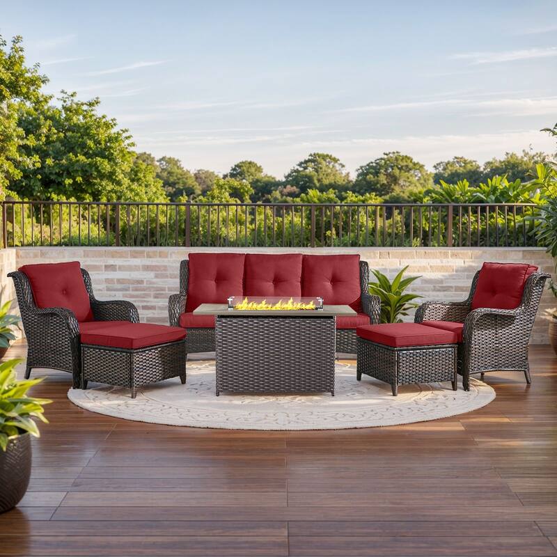Fire Pit Table with Patio Sofa Chairs Ottomans Brown-Red - Brown - Red - Brown