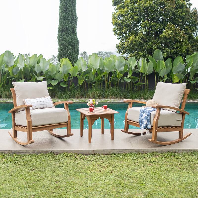 Cambridge Casual Leon 3-piece Teak Patio Rocking Chair Set with Cushion - Natural Teak/Beige Cushion