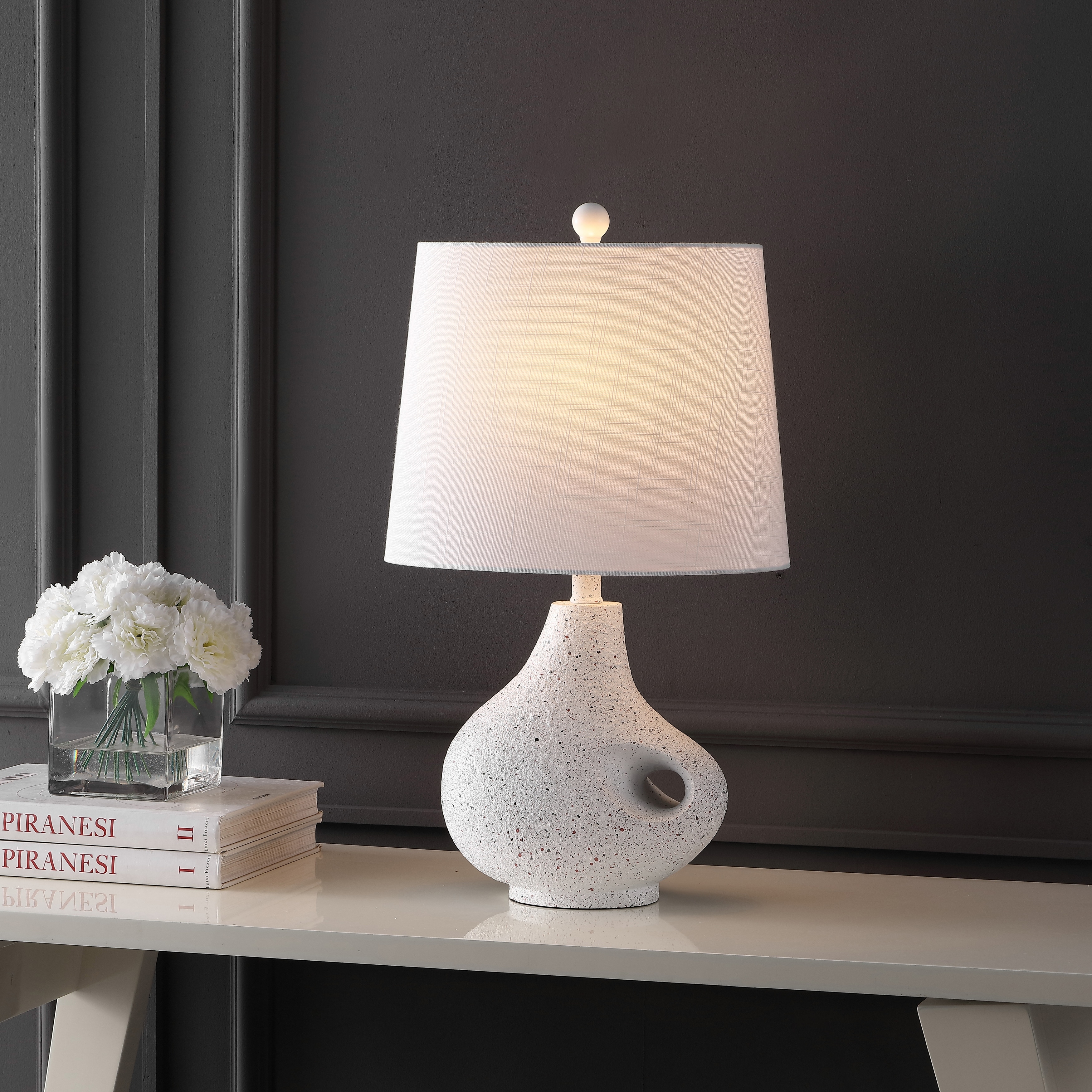 JONATHAN Y Dylan 24" Minimalist Designer Iron/Resin Oval Shade LED Table Lamp, White Terrazzo