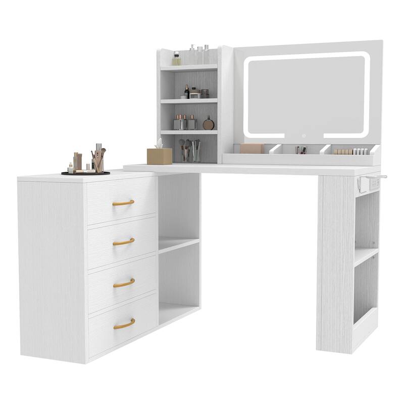 Moasis L-Shape Makeup Vanity Desk with Mirror and Lights & Charging Station