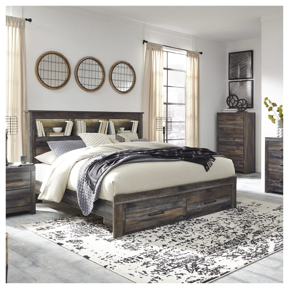 Drystan Rustic Brown Bookcase Bed with Footboard Storage Drawers