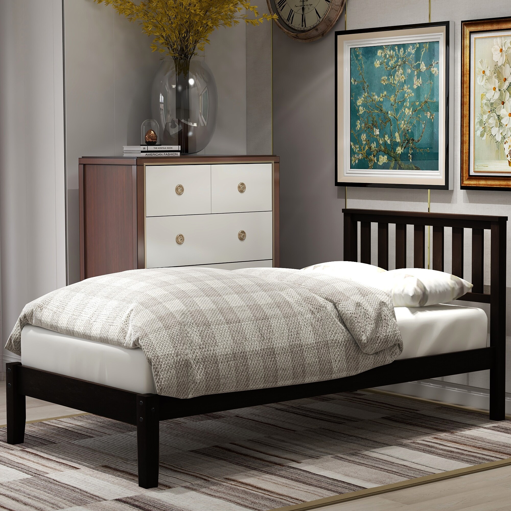 Modern Minimalist Design Twin Wood Espresso Platform Bed with