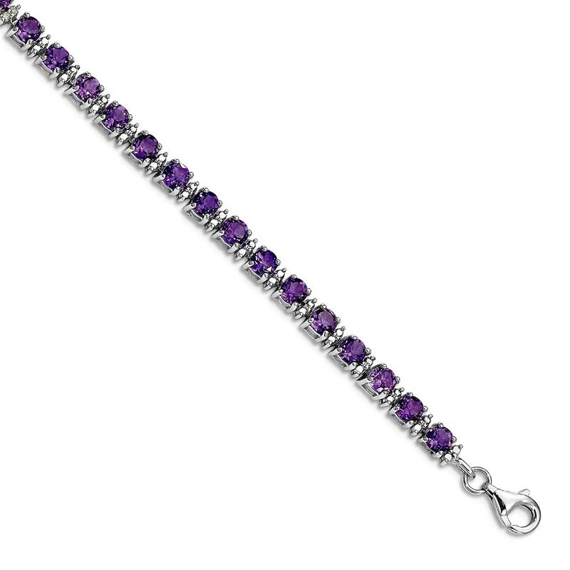 Curata 925 Sterling Silver 7" Round Gemstone and Diamond Line Bracelet - Amethyst - White